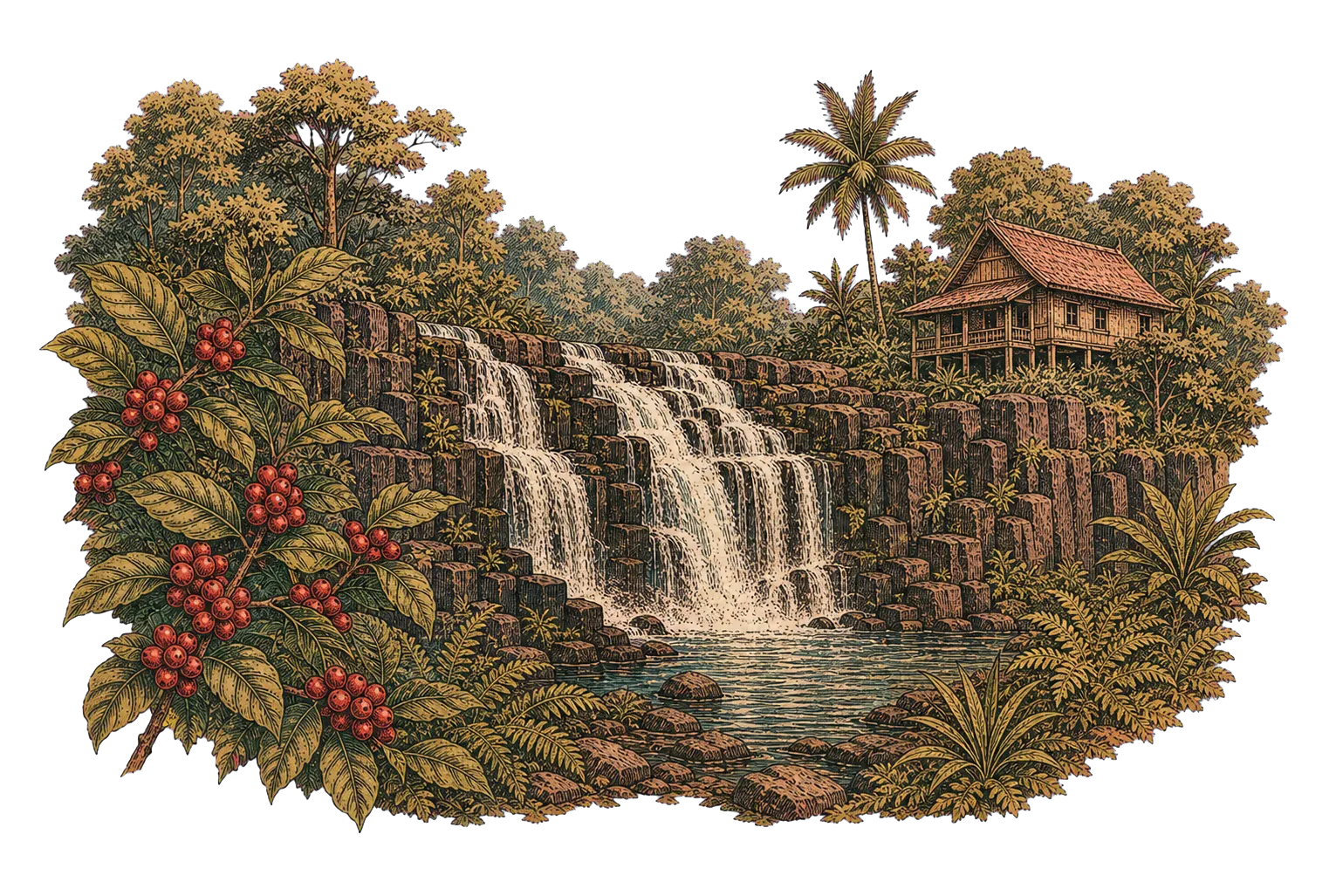 Hand-drawn Lao landscape with water, vegetation and mountain roads