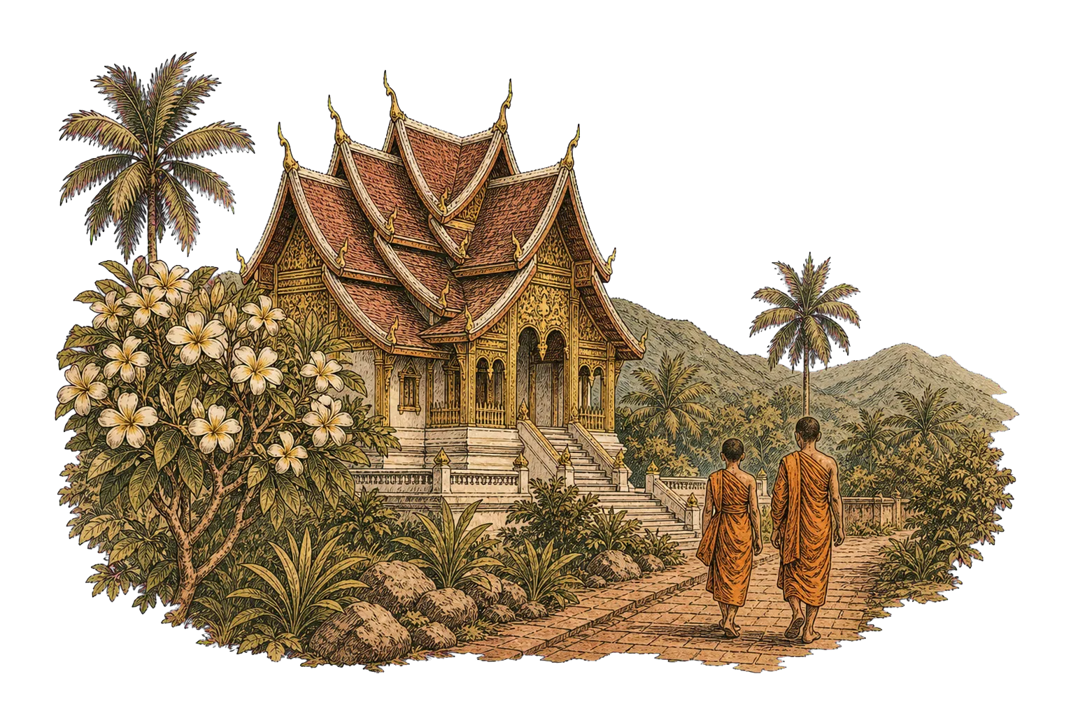 Hand-drawn temple scene inspired by Luang Prabang