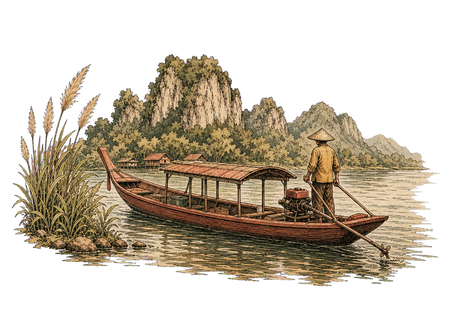 Hand-drawn Mekong fisherman beside a small river boat