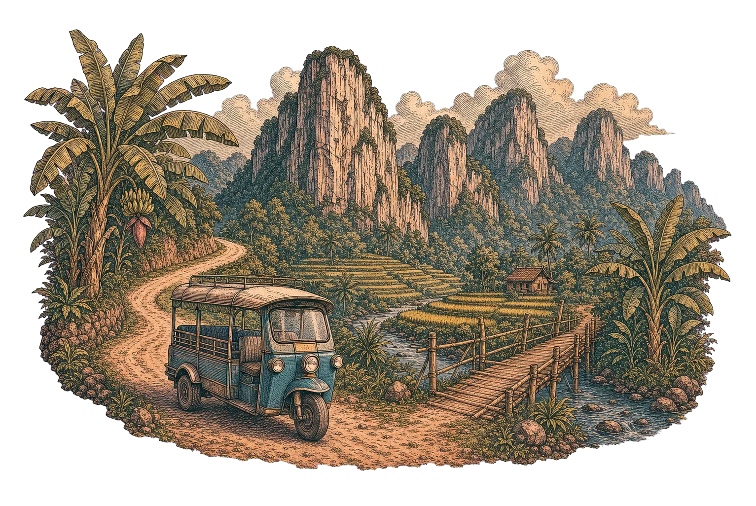Hand-drawn Lao tuk-tuk travelling along an open road