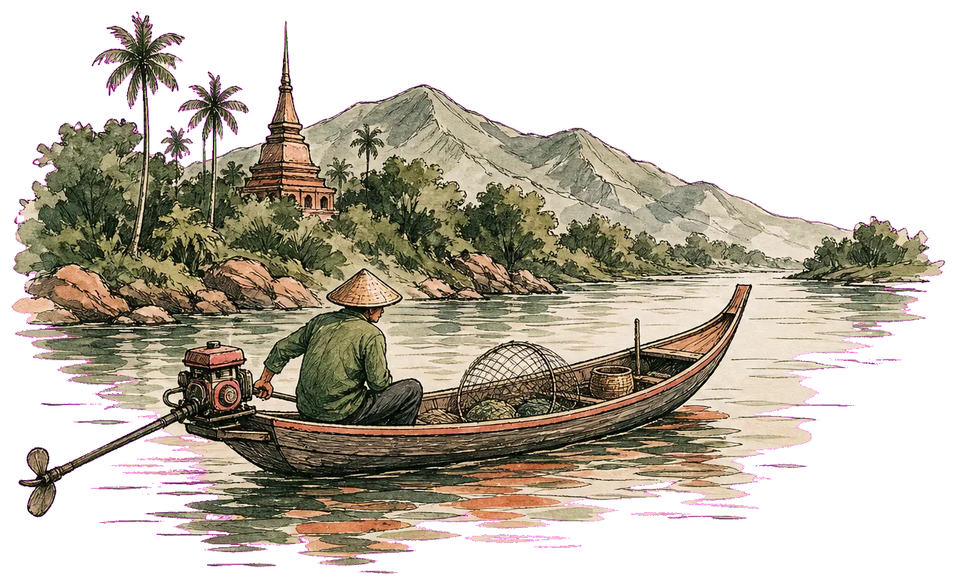 Hand-drawn boat on the Mekong near Pakse