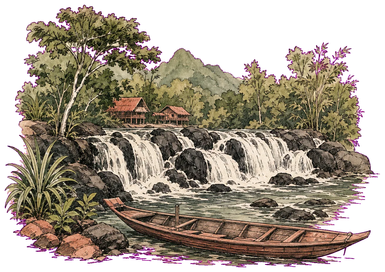 Hand-drawn view of Tad Lo waterfalls and riverside fishing